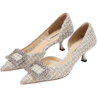 73hours女鞋雀跃心情2025春季新款通勤尖头高跟鞋女水钻细跟婚鞋