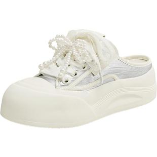 天美意厚底增高包头半拖鞋小白鞋板鞋女鞋子新款休闲凉拖KB075BH5