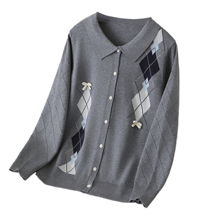 设计感撞色菱格刺绣针织开衫胖mm宽松大码春装显瘦气质减龄上衣女