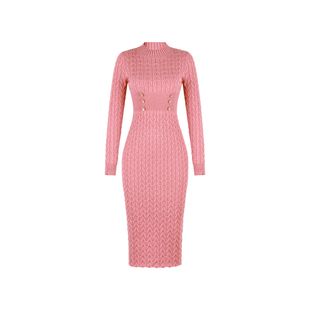 XULU原创粉色法式麻花纹针织毛衣包臀裙气质半高领修身长款连衣裙