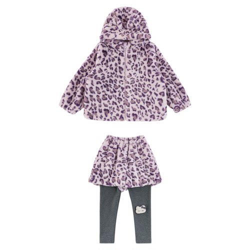 幼悠女童冬季套装加绒加厚紫色豹纹毛绒外套休闲裤子保暖堆堆袜套