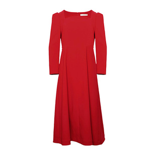 谷邦红色方领长袖连衣裙女2026春季新款气质显瘦收腰中长A字裙子