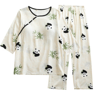 带胸垫棉绸睡衣女春秋夏中袖长裤绵绸妈妈家居服套装中式大码外穿