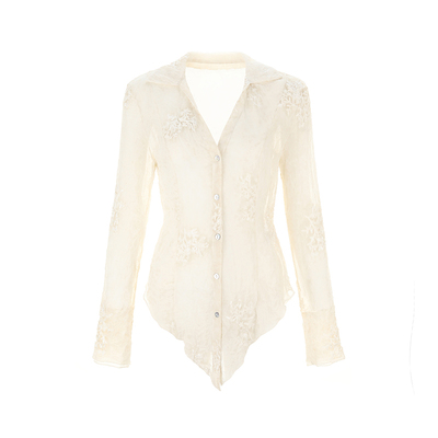 wanatry杏色肌理感薄纱刺绣衬衫