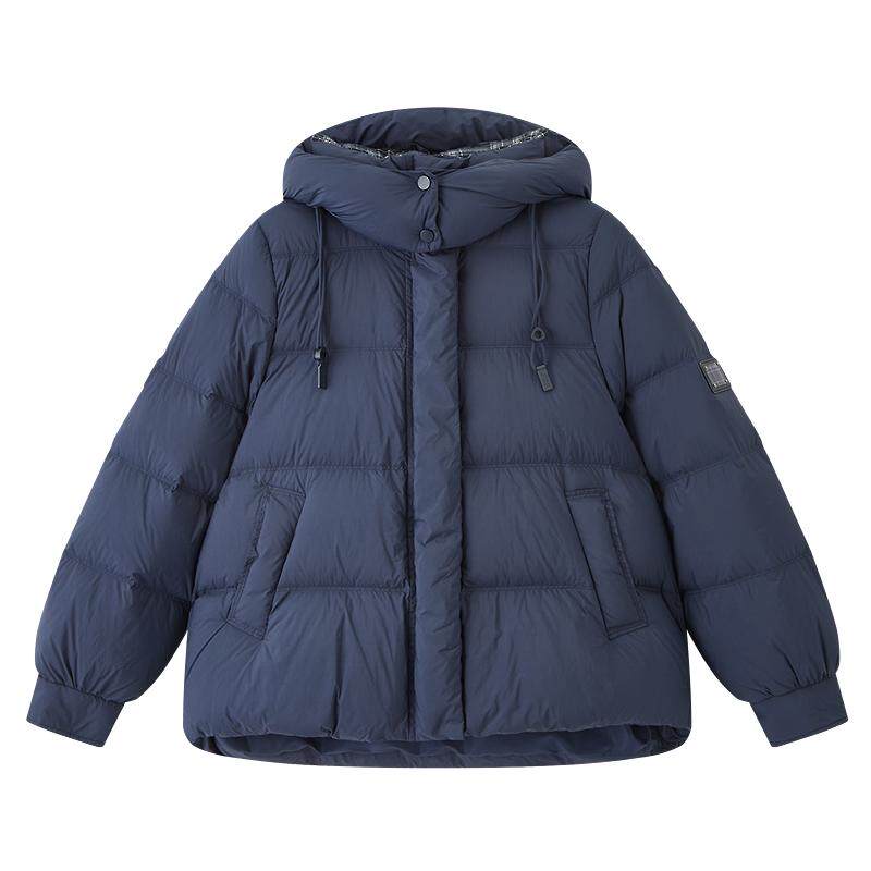 三福羽绒服女2025新款冬季格子拼接领连帽宽松短款外套女装853509