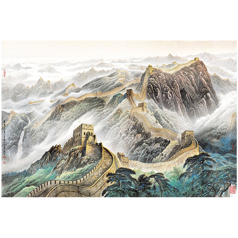 山水画墙纸自粘贴纸风景画长城装饰画办公室背景墙壁贴画墙贴纸画