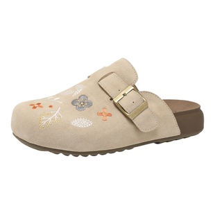 MILLIE'S/妙丽复古刺绣花朵包头拖鞋女平底搭扣勃肯鞋半包拖外穿