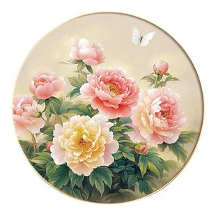 花开富贵牡丹图挂画入户玄关圆形装饰画新中式客厅卧室墙花卉壁画