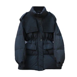 羽绒服女中长款2025年冬新款毛呢拼接韩版宽松收腰白鸭绒加厚外套