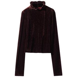 COCOBELLA优雅木耳边半高领亮片丝绒衬衫长袖打底衫TS7066-2