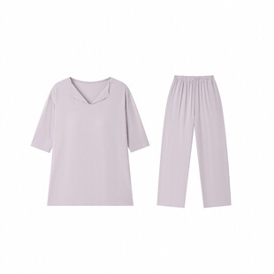 七禾页 2025春夏 带胸垫 V领桑蚕丝中袖长裤家居服套装