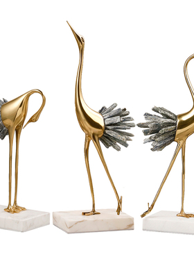 天然水晶石黄铜仙鹤家居摆件