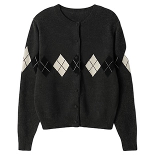 秒发!复古菱格羊毛针织开衫韩国not*ing written圆领单排扣毛衣