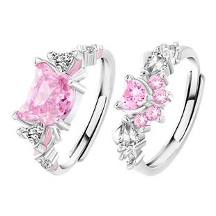 VIVIWELL萌趣猫爪 甜美粉钻闺蜜对戒轻奢小众设计可爱小猫银戒指