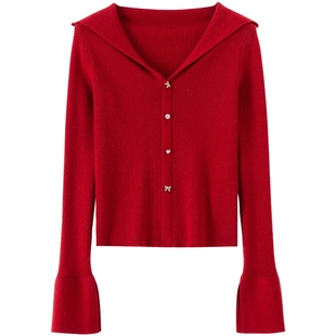 【绵羊毛】BANANA BABY2026年春新款法式翻领喇叭袖针织衫毛衣女