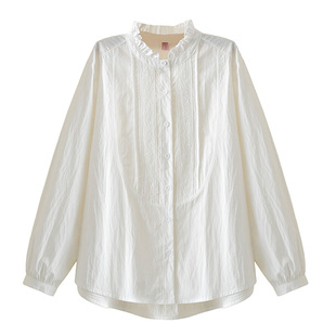 花边领刺绣柔软白色长袖衬衣女大码文艺减龄森系娃娃衫休闲衬衫