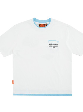 吉考斯工业喝水俱乐部印花纯棉假两件短袖T恤夏季透气圆领上衣
