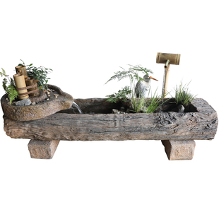 复古仿木石槽喷泉庭院流水摆件循环水景观禅意花园布置创意养鱼池