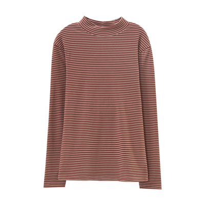 2025秋冬新款女士大码内搭打底衫胖mm高端德绒保暖半高领条纹上衣