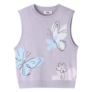 安奈儿童装女童毛衣针织背心2026春新款保暖弹力时尚甜美多彩蝴蝶