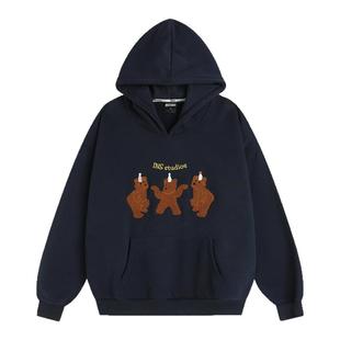 INSstudios 国潮牌美式「三只小熊毛巾绣连帽卫衣」宽松加绒帽衫