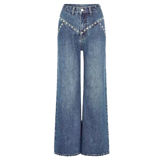 明星同款设计感重工钉珠牛仔裤女高腰显瘦宽松直筒阔腿百搭长裤子