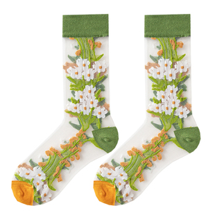 玻璃丝袜子女春夏季薄款透明中筒袜韩国ins潮复古向日葵水晶长袜