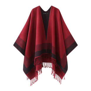 拉夏贝尔/La Chapelle民族风秋冬针织披肩斗篷流苏旗袍外搭开衫厚