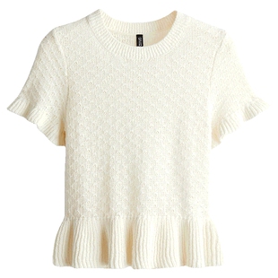 HM女装毛针织衫春季黑白穿搭褶边网眼针织上衣1271633