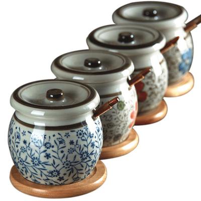 和风四季釉下彩厨房有盖陶瓷盐罐