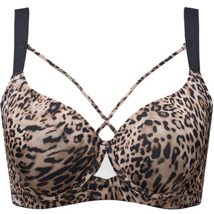 月色豹纹无痕大胸内衣女大胸显小薄款胖mm聚拢收副乳防垂大码文胸