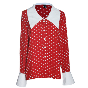 秋装新款衬衣女红色波点娃娃领衬衫长袖宽松雪纺法式复古上衣春秋