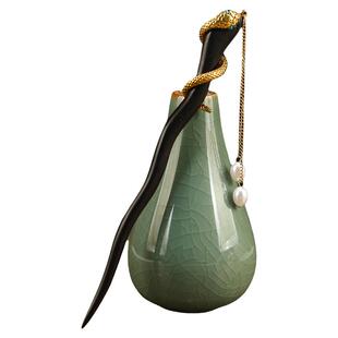 复古黑檀木灵蛇发簪古风汉服头饰丸子头盘发簪子步摇流苏发饰