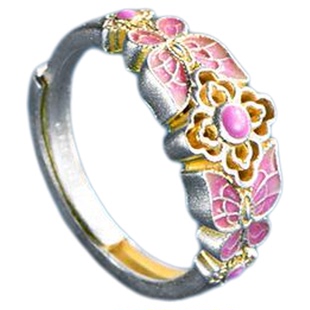 吴越老银铺正品足银9999桃夭戒指珐琅彩指环百搭民族风情人节礼物