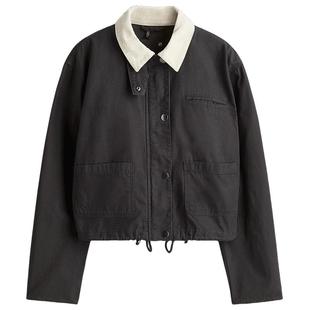 HM女装短外套冬季灯芯绒领复古风工装拼接领帆布短夹克1298255