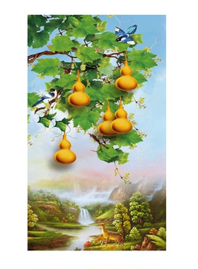 五福临门入户玄关装饰画金色葫芦客厅走廊背景墙自贴画五葫芦挂画
