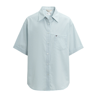 三所vintage 抗皱刺绣宽松commuting通勤短袖白衬衫精致休闲衬衣