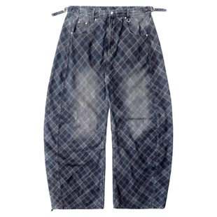 Minju朴敏柱同款badblood美式复古豹纹迷彩牛仔裤格纹弯刀阔腿裤