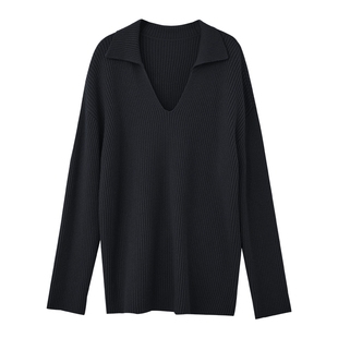 Amii2025冬新款翻领V领宽松落肩袖毛衣女法式舒适慵懒感套头上衣