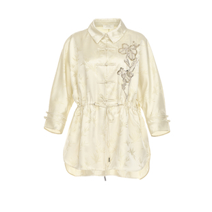 花木深新中式白色衬衫女国风桑蚕丝刺绣上衣珠绣竹叶提花翻领衬衣