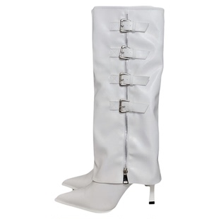 2026尖头多扣细跟长筒靴显瘦小众设计时装百搭辣妹走秀高跟裤管靴