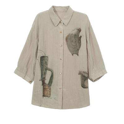 谜底衬衫分袖女2025夏季新品复古风通勤宽松H型中长衬衣252MC0682