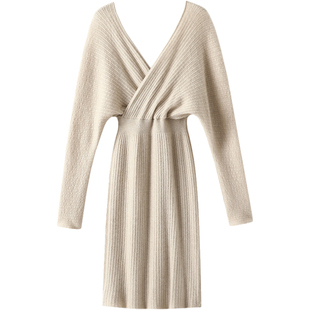 华贵典雅大气！秋冬双V领羊绒衫女长款100%纯山羊绒毛衣连衣裙子