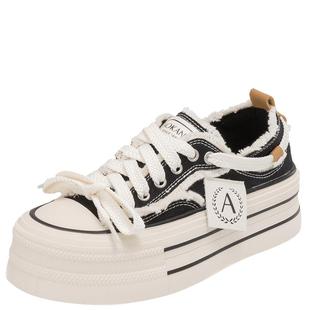 奥康女鞋 秋季新款厚底时尚休闲帆布鞋平底滑板鞋系带百搭潮