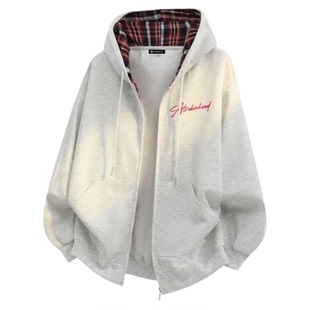 罗宾汗美式格纹印花手写字母图案连帽宽松百搭开衫拉链卫衣外套