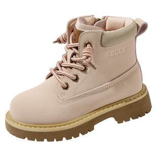 百丽童鞋女童马丁靴加绒大黄靴冬季舒适保暖短靴子男童宝宝工装靴