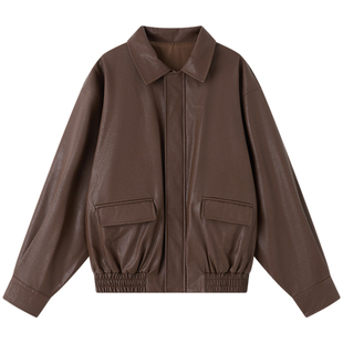 Halo Luu 棕色皮衣外套女春季2026新款复古宽松高级感机车皮夹克