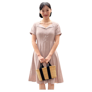 MP复古原创设计 V字小翻领优雅高腰显瘦短袖连衣裙夏季款梨形身材