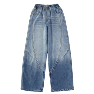 女童加厚绒裤子儿童一体绒牛仔裤2025新款冬加绒裤大童直筒阔腿裤