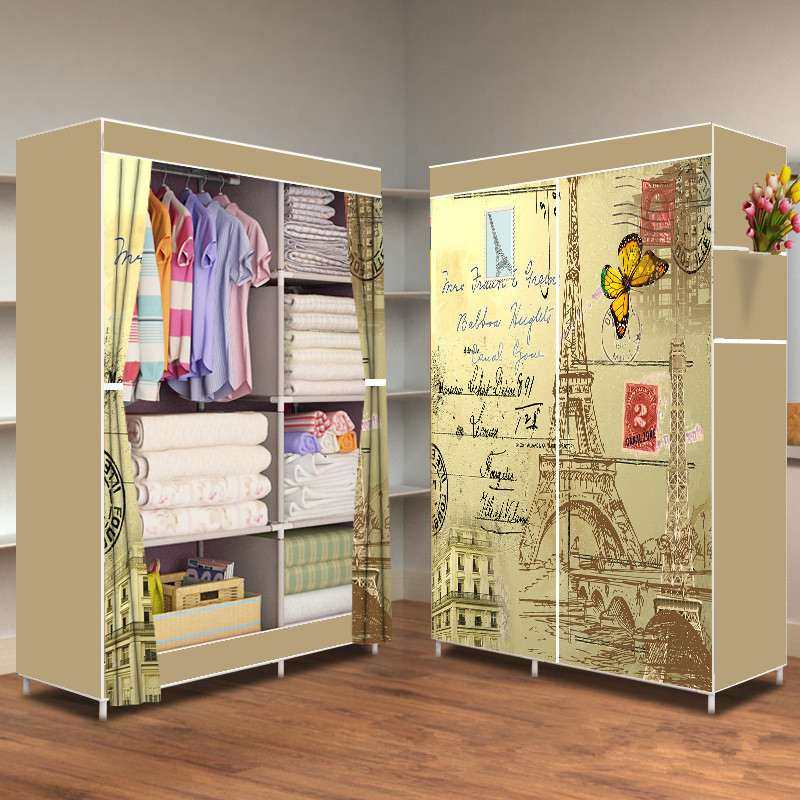 单杆侧拉布艺衣橱简易折叠衣柜布一件出租房组装钢管衣柜